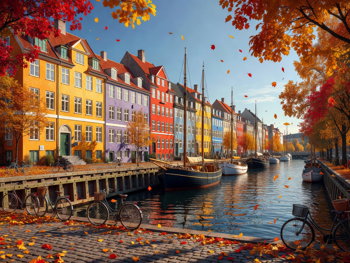 Colourful Copenhagen harbour in autumn