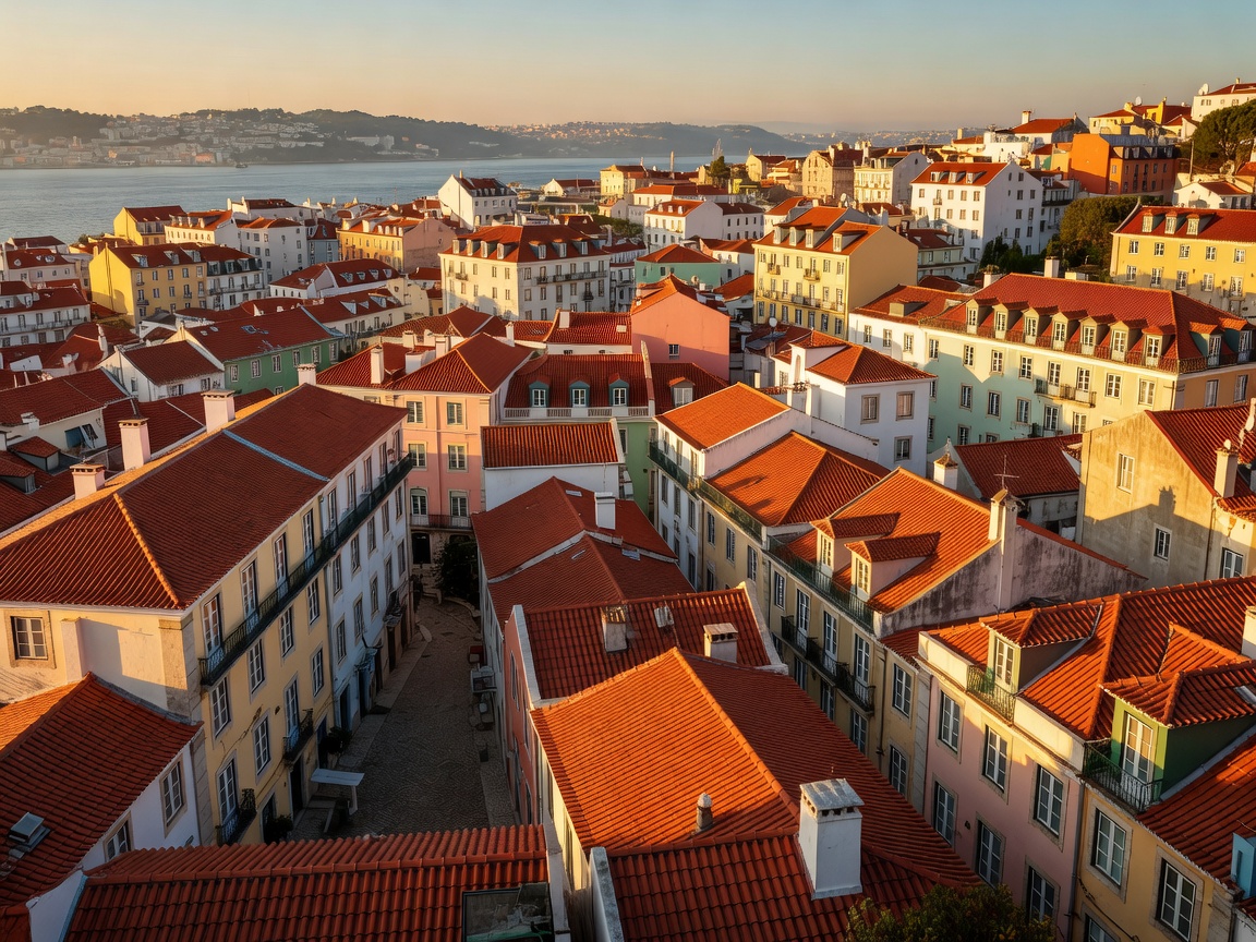 Lisbon rooftops glowing in autumn sunlight